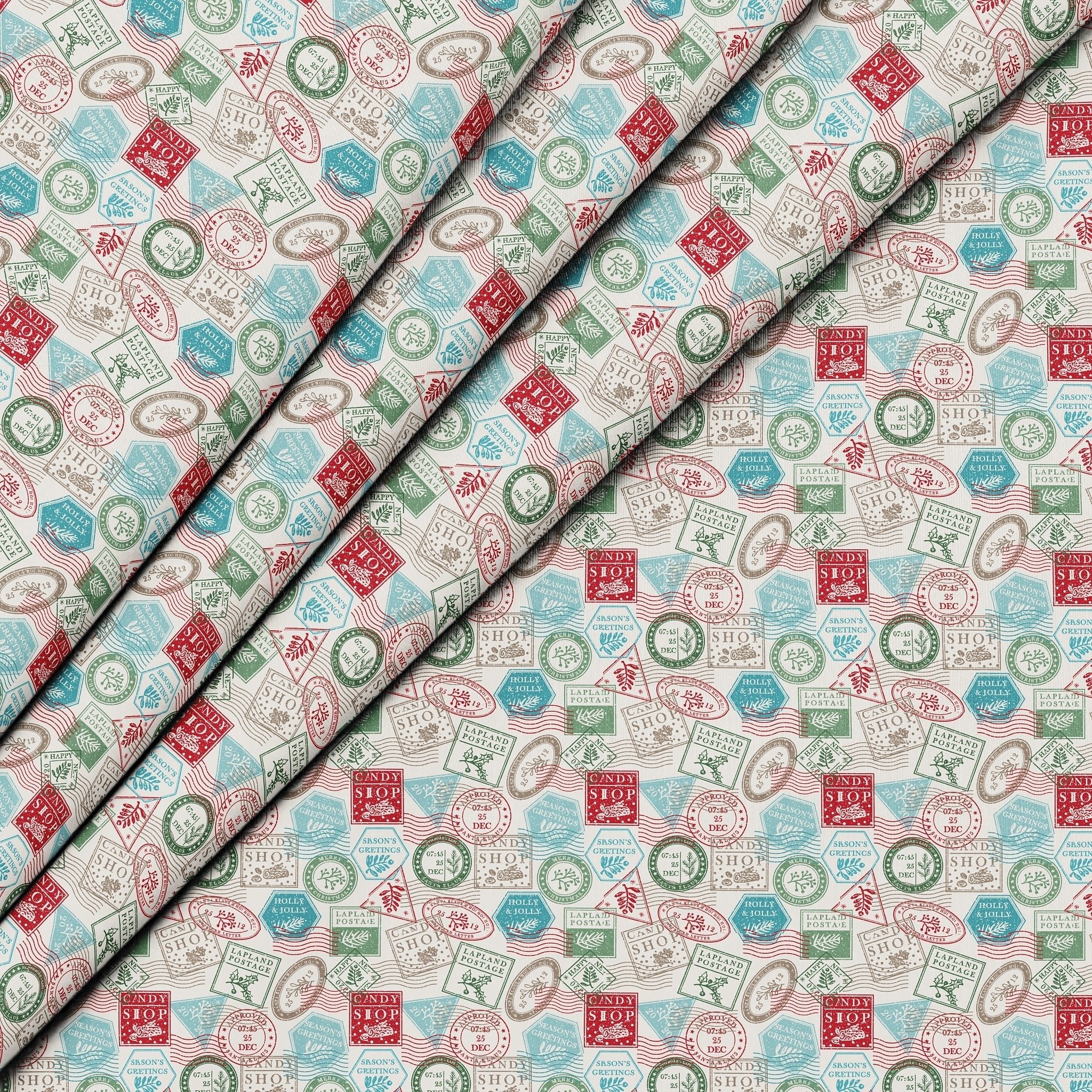 100% Digital Quilting Cotton, Festive Collection 'Mail Stamps' 44" Wide - Pound A Metre