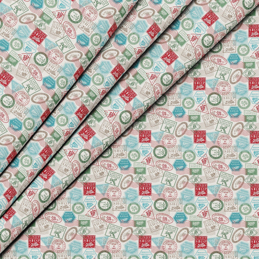 100% Digital Quilting Cotton, Festive Collection 'Mail Stamps' 44" Wide - Pound A Metre