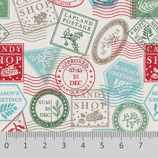 100% Digital Quilting Cotton, Festive Collection 'Mail Stamps' 44" Wide - Pound A Metre