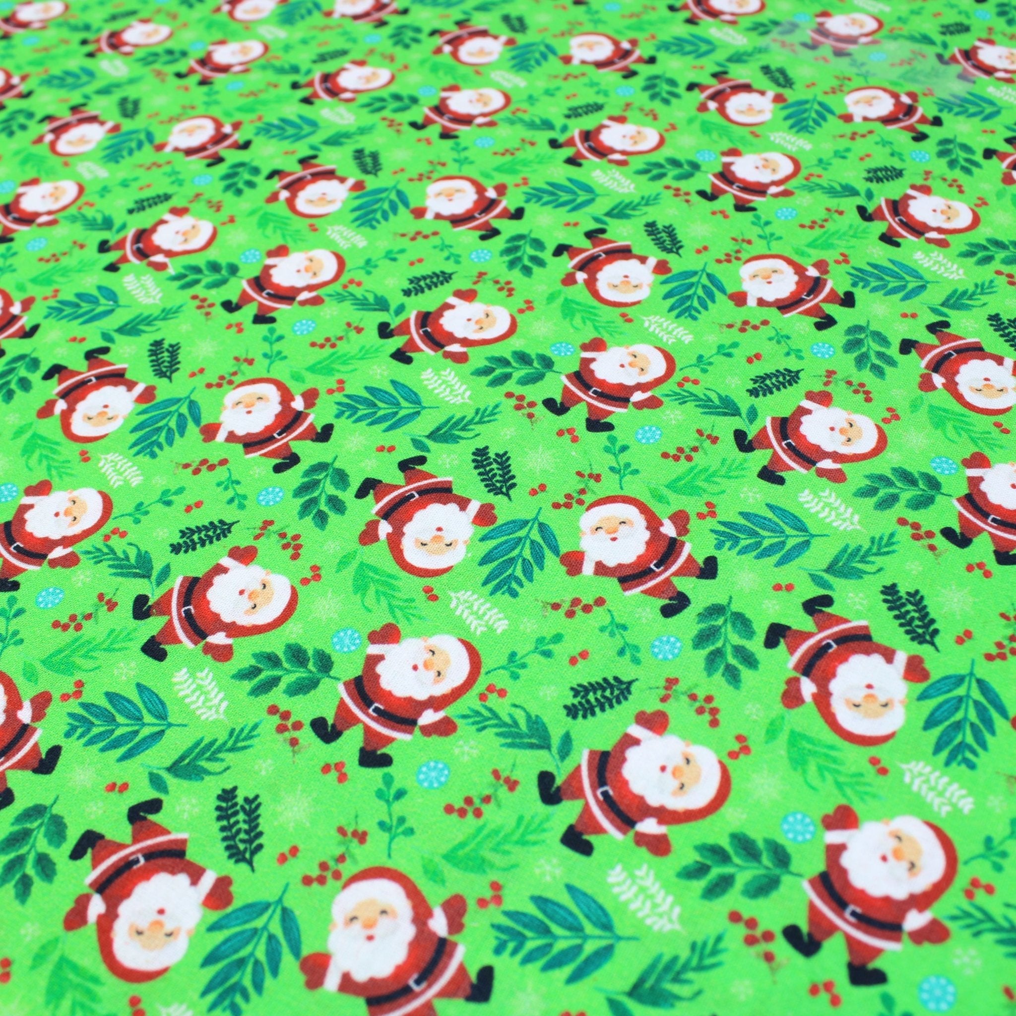 100% Digital Quilting Cotton, Festive Collection, 'Santa', 44" Wide Light Green - Pound A Metre