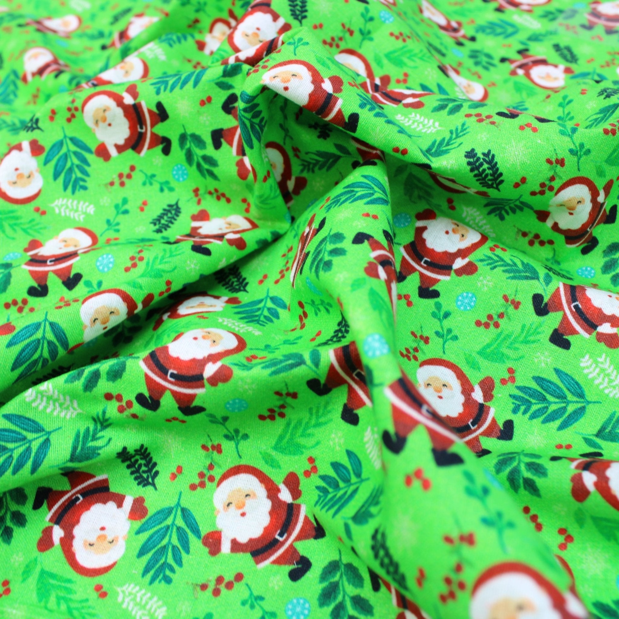 100% Digital Quilting Cotton, Festive Collection, 'Santa', 44" Wide Light Green - Pound A Metre