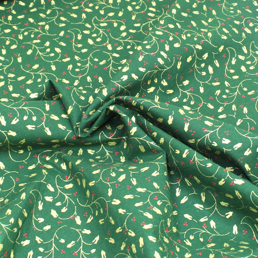 100% Digital Quilting Cotton, Festive Gold Foil Collection 44" Wide Bottle Green - Pound A Metre