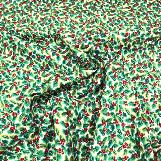 100% Digital Quilting Cotton, Festive Gold Foil Collection 44" Wide Ivory & Green - Pound A Metre