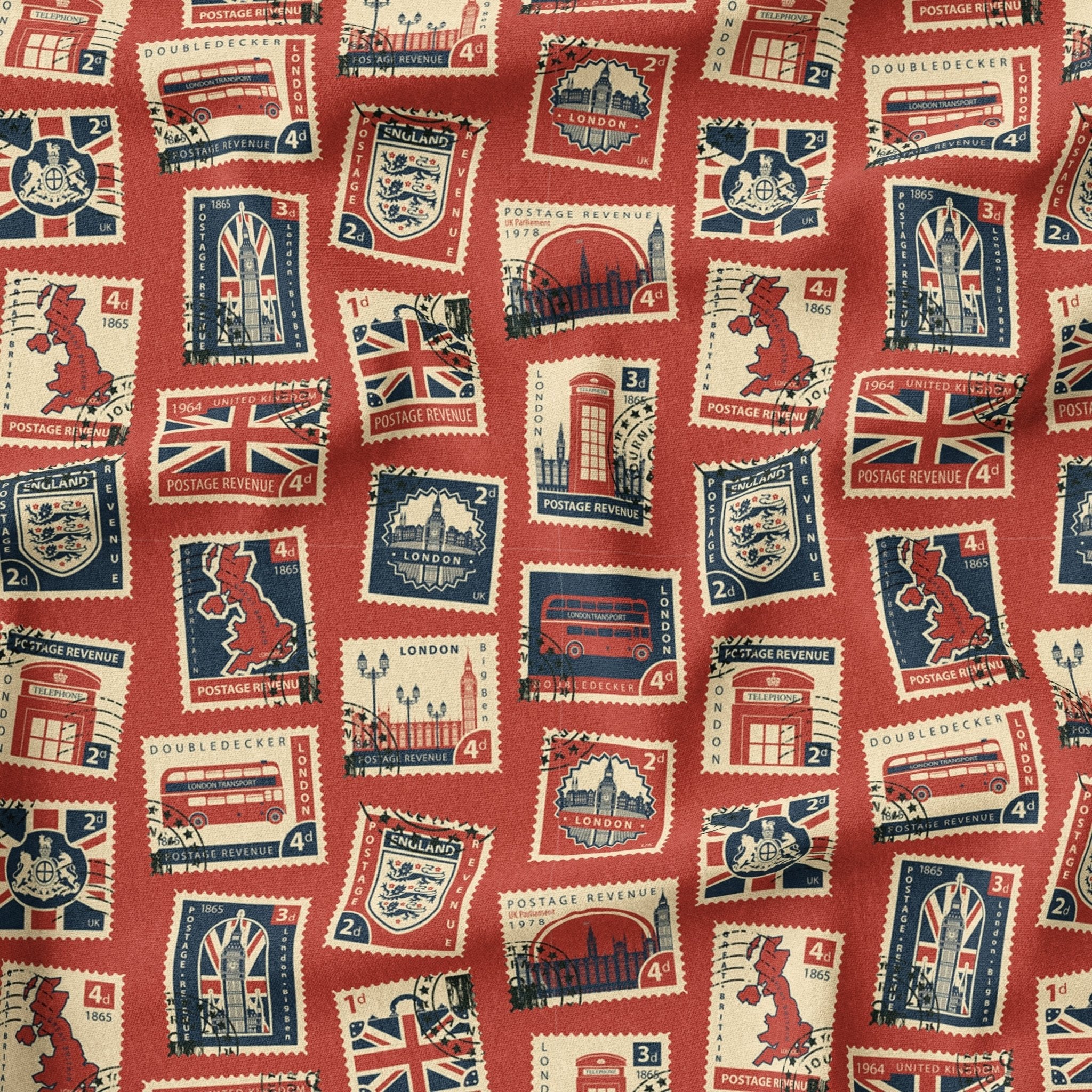100% Premium Royal Quilting Cotton, 'London Stamps Red', 44" Wide - Pound A Metre
