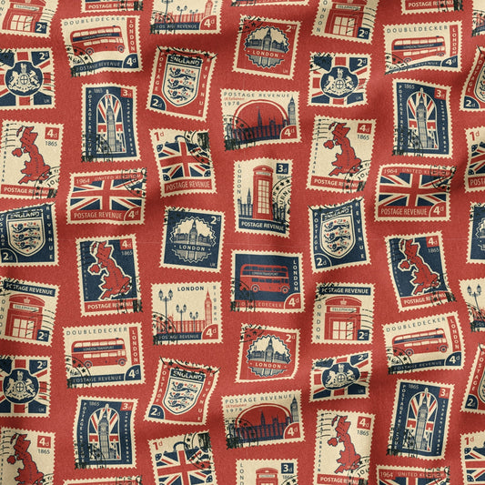 100% Premium Royal Quilting Cotton, 'London Stamps Red', 44" Wide - Pound A Metre