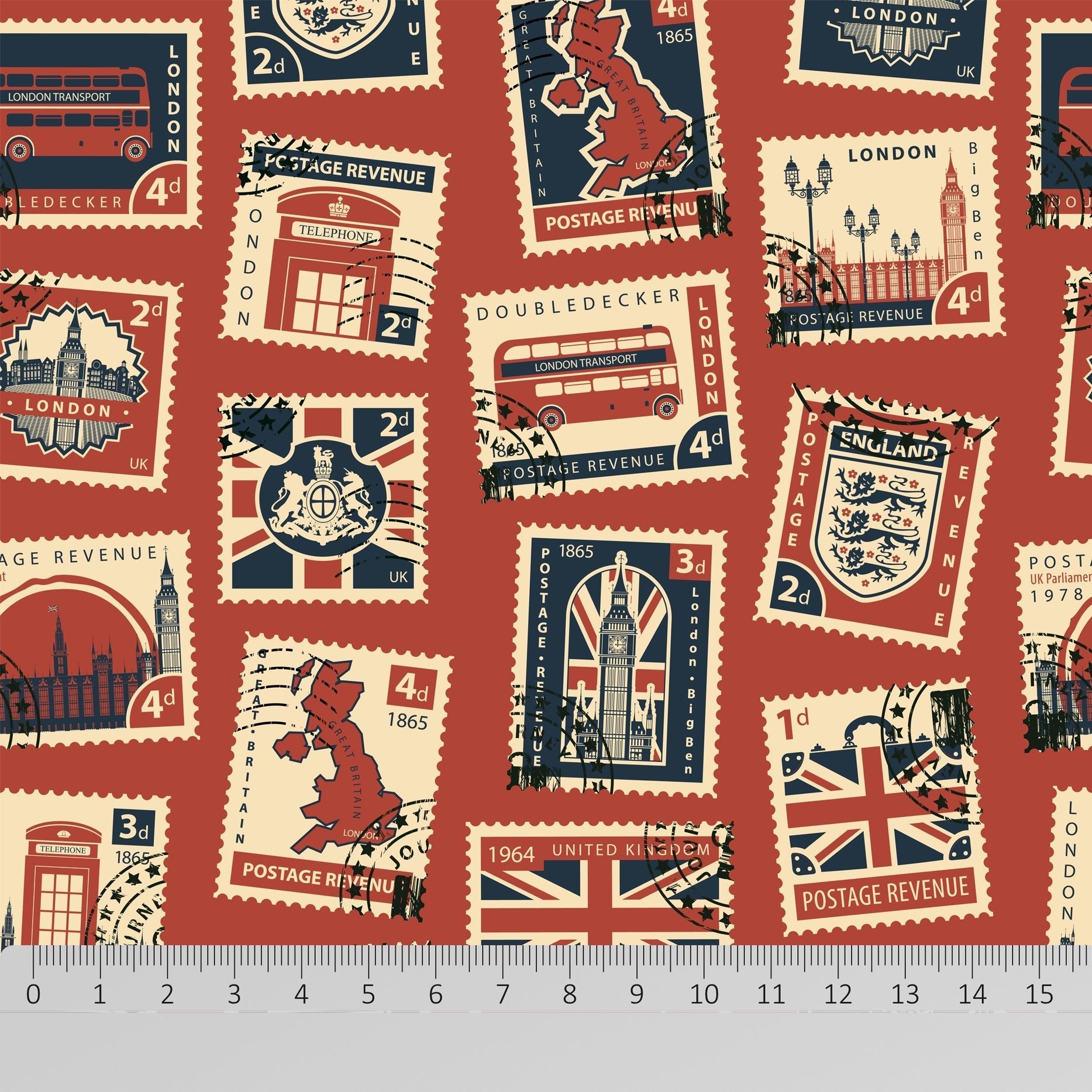 100% Premium Royal Quilting Cotton, 'London Stamps Red', 44" Wide - Pound A Metre