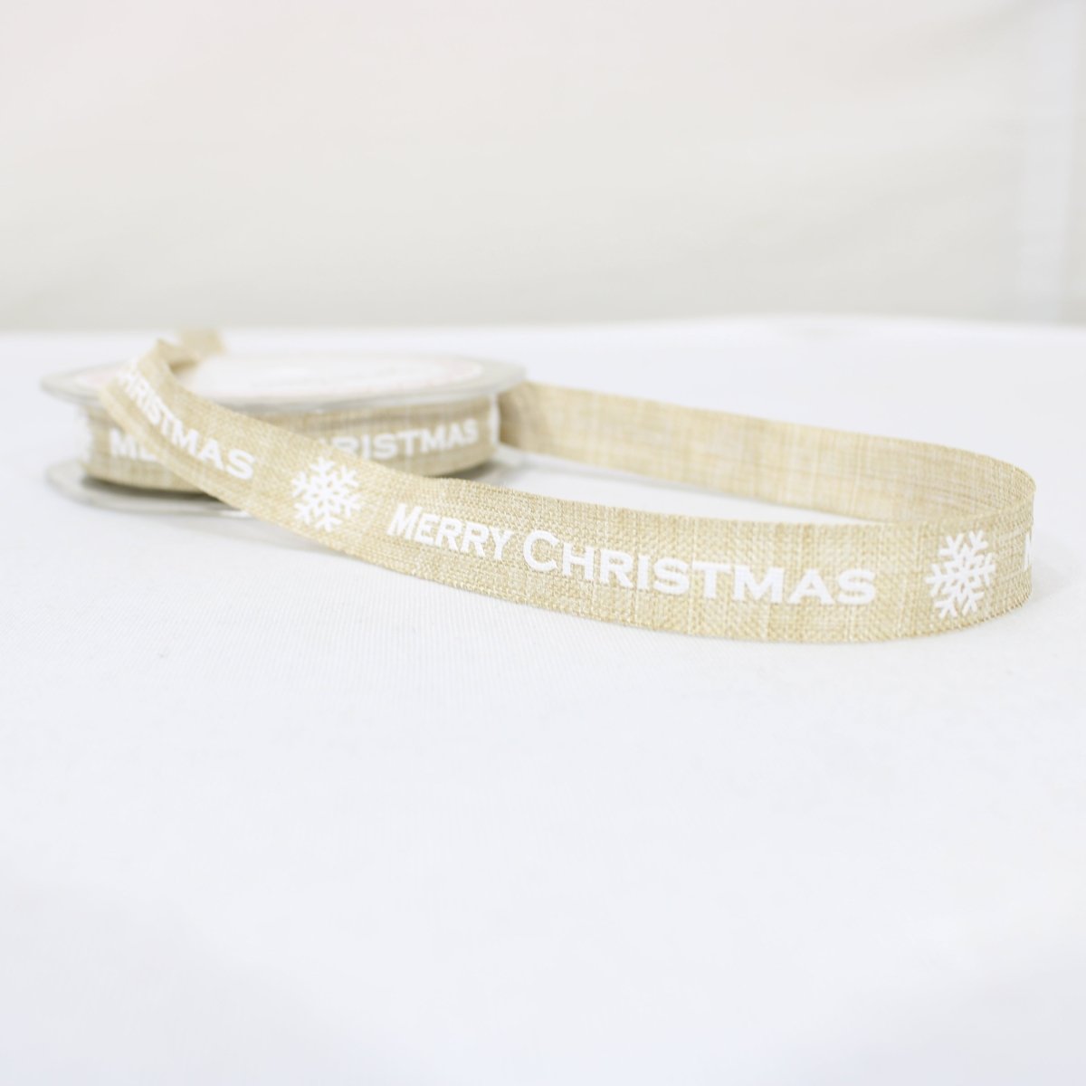 15mm Faux Linen Merry Christmas Beige Ribbon- Per Metre - Pound A Metre