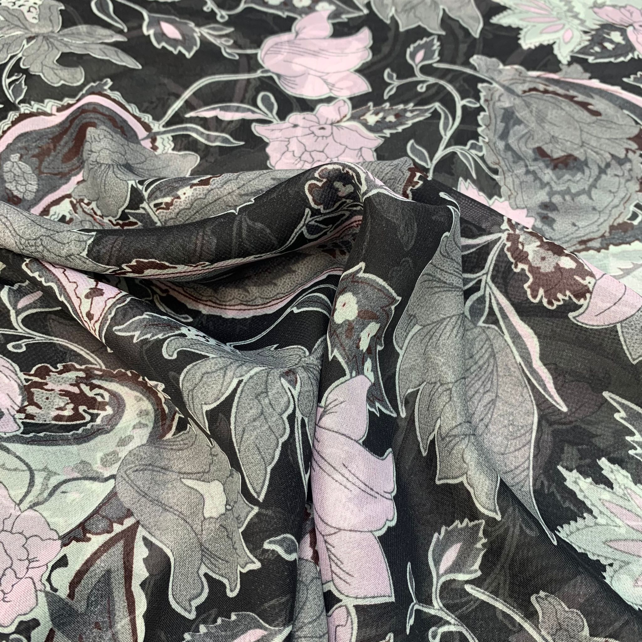20 Metre Roll Dress Making Floral Chiffon - 55" Wide Off Black - Pound A Metre