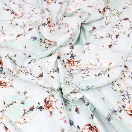 3 Metre Deluxe Santorini Floral Soft Crepe ‘Pastel Edition - Rose Garden’ 45" Wide Pastel Mint - Pound A Metre