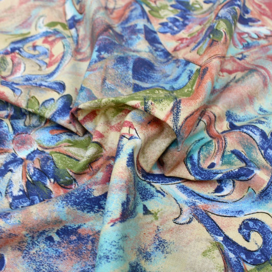 3 Metre Designer Floral Cotton Canvas 55" Wide Dark Peach Pink & Blue - Pound A Metre