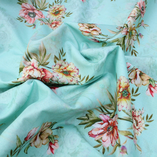 3 Metre Luxury Breathable Dressmaking Floral Cotton Lawn - 45" Baby Blue - Pound A Metre