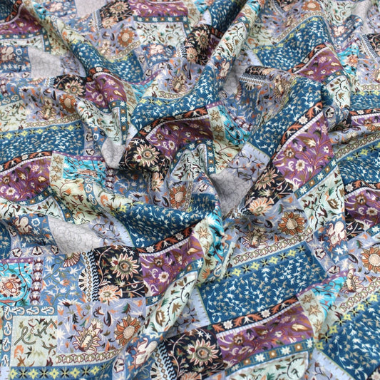 3 Metre Luxury Breathable Dressmaking Floral Cotton Lawn - 60" Beige/Blue - Pound A Metre