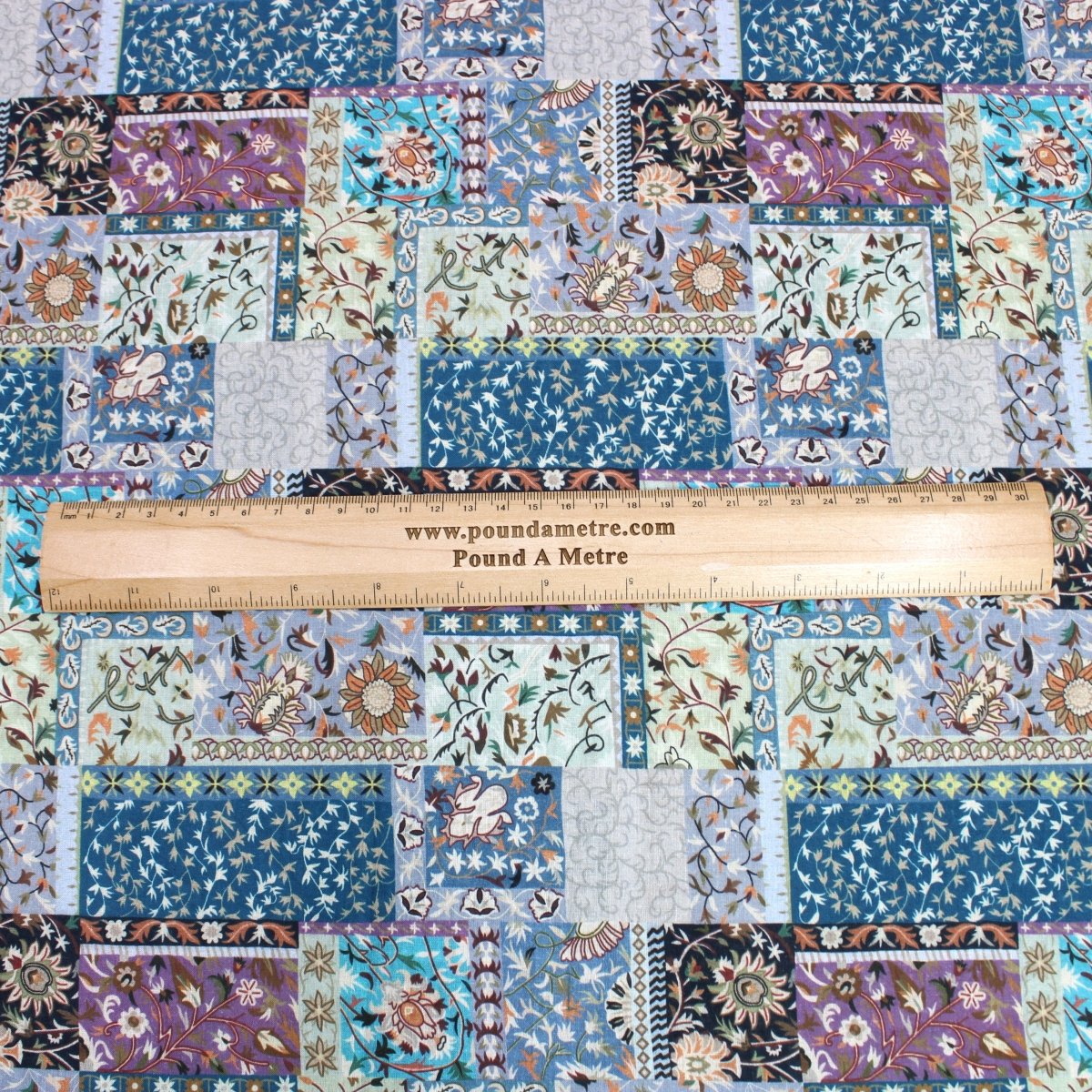 3 Metre Luxury Breathable Dressmaking Floral Cotton Lawn - 60" Beige/Blue - Pound A Metre
