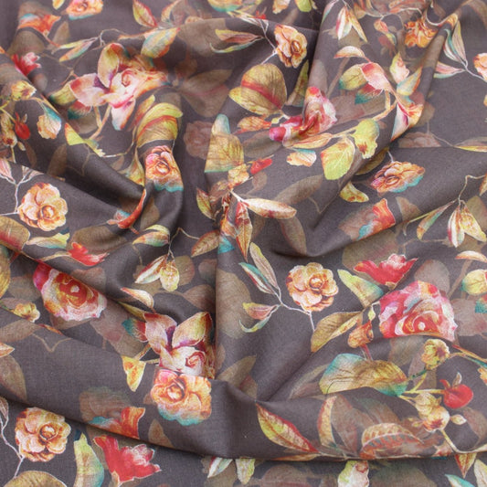 3 Metre Luxury Breathable Dressmaking Floral Cotton Lawn - 60" Chesnut Brown - Pound A Metre