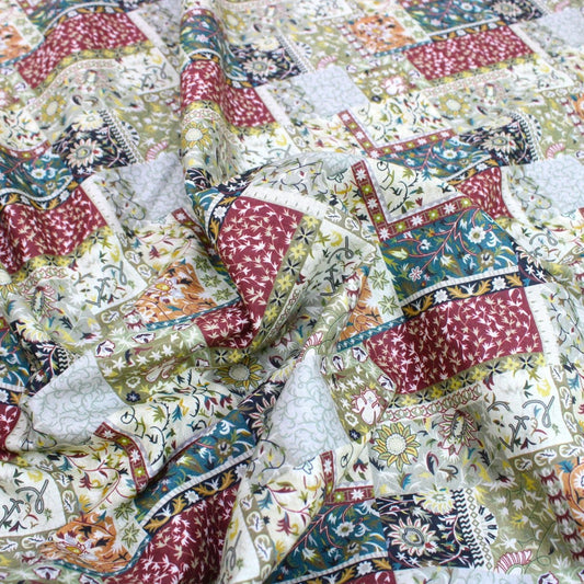 3 Metre Luxury Breathable Dressmaking Floral Cotton Lawn - 60" Light Khaki / Maroon - Pound A Metre