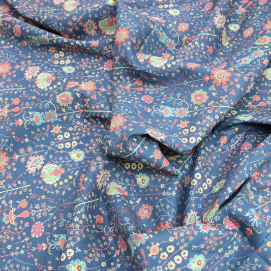 3 Metre Luxury Breathable Dressmaking Floral Cotton Lawn - 60" Navy - Pound A Metre
