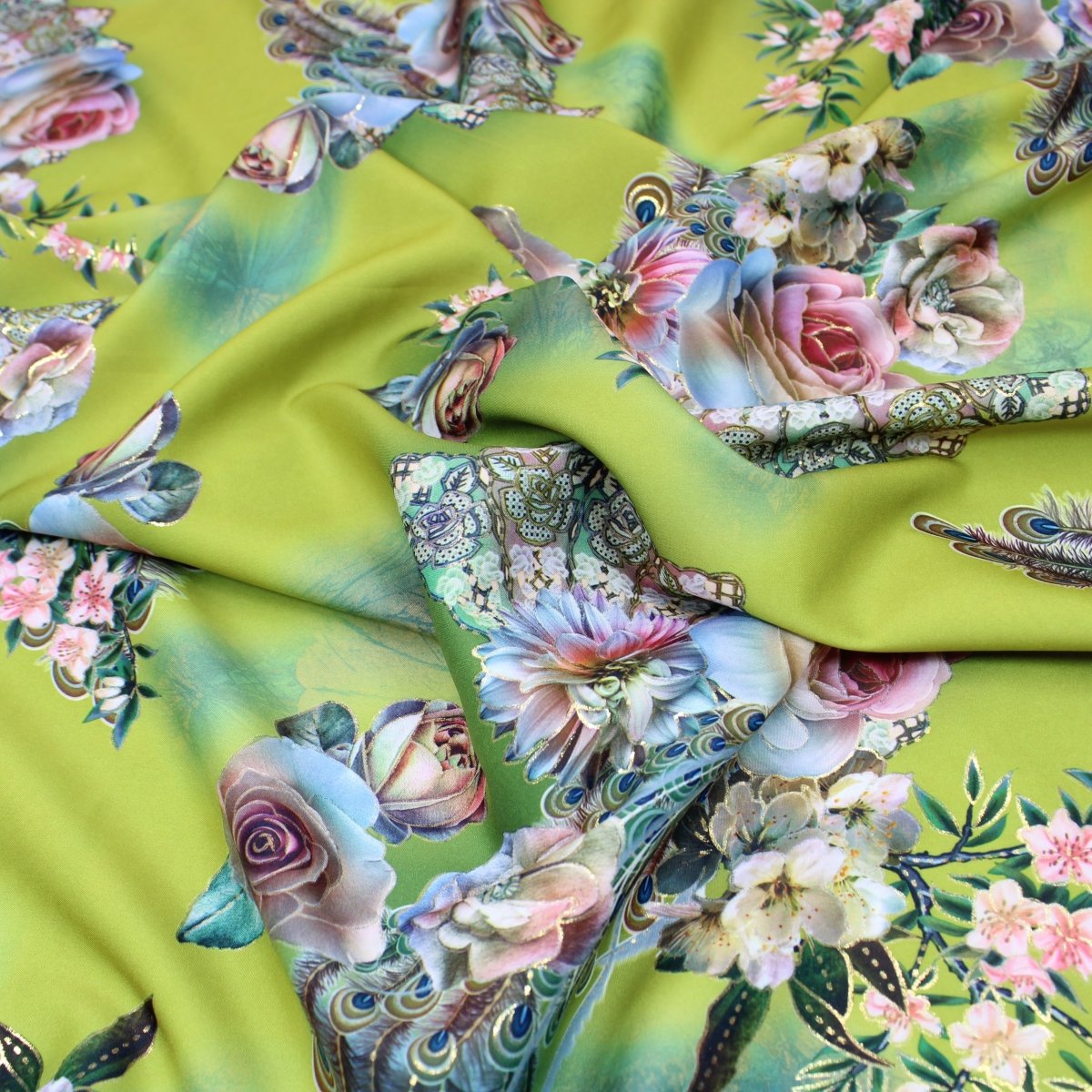 3 Metre Luxury Gold Foil Floral Sateen ‘Beijing Rose' - 55" Wide Green Yellow - Pound A Metre