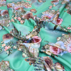 3 Metre Luxury Gold Foil Floral Sateen ‘Beijing Rose' - 55" Wide Light Turquoise - Pound A Metre
