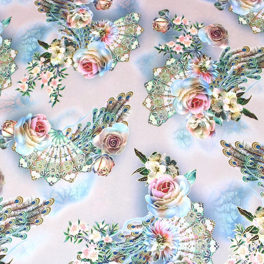3 Metre Luxury Gold Foil Floral Sateen ‘Beijing Rose' - 55" Wide Pale Pink - Pound A Metre