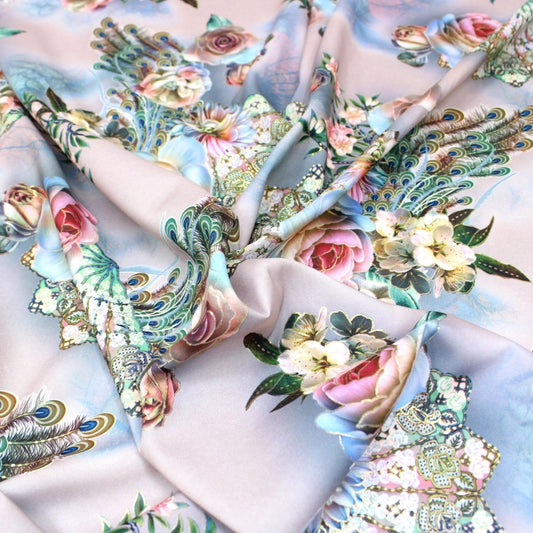 3 Metre Luxury Gold Foil Floral Sateen ‘Beijing Rose' - 55" Wide Pale Pink - Pound A Metre