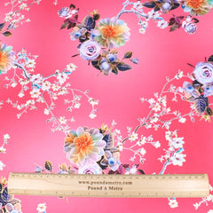 3 Metre Luxury Gold Foil Floral Sateen ‘Essence’ - 55" Wide Coral Pink - Pound A Metre