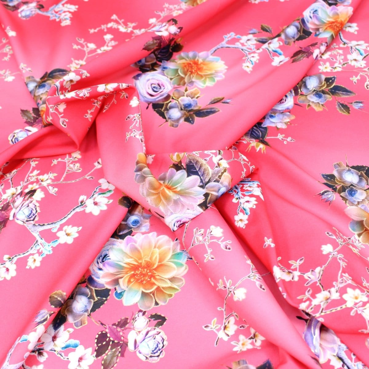 Pound A Metre 3 Metre 3 Metre Luxury Gold Foil Floral Sateen ‘Essence’ - 55" Wide Coral Pink