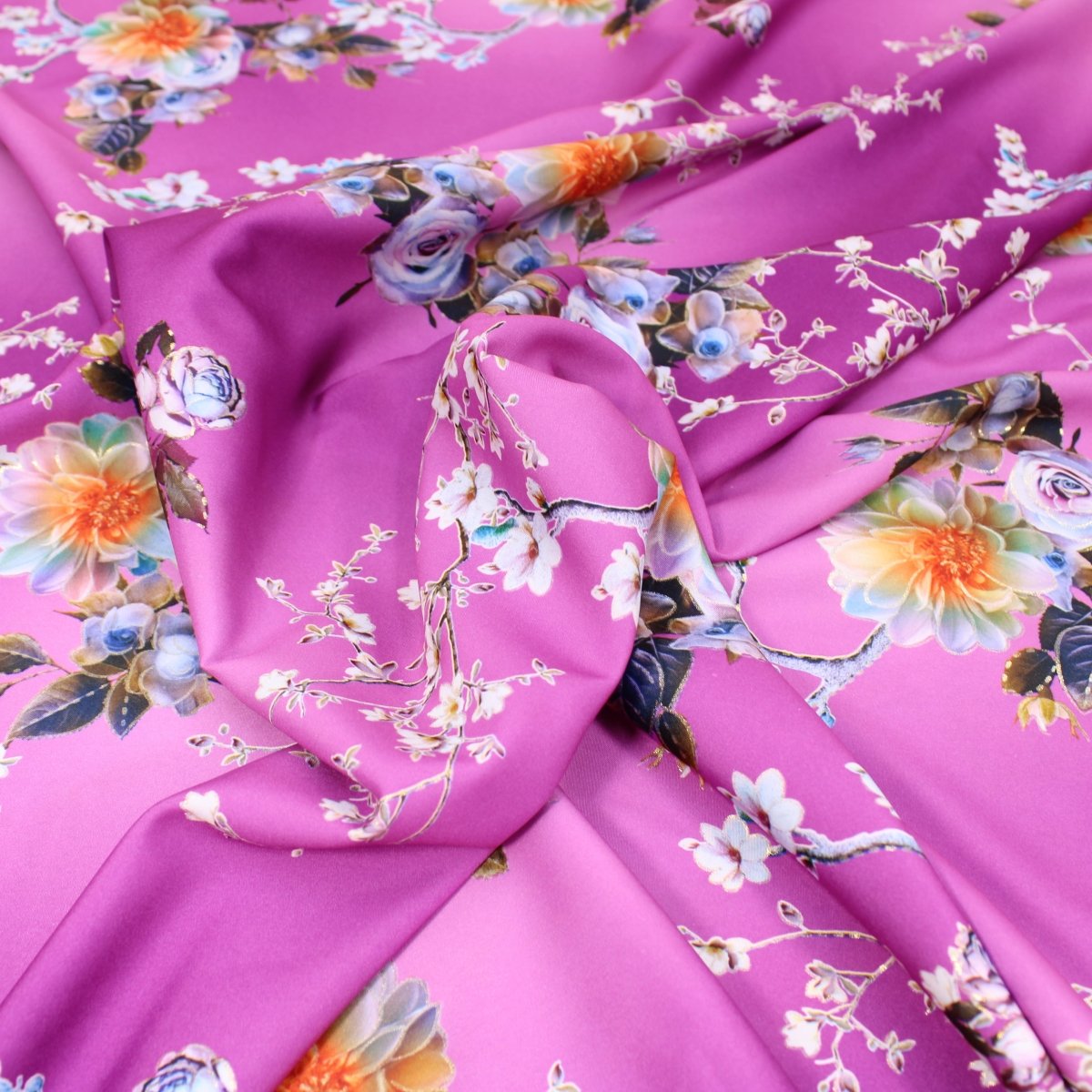 3 Metre Luxury Gold Foil Floral Sateen ‘Essence’ - 55" Wide Magenta - Pound A Metre