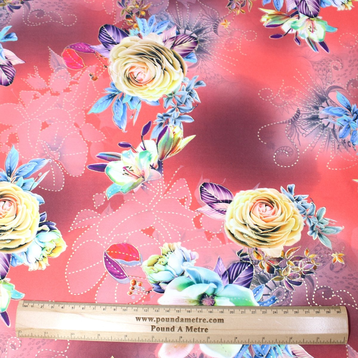 3 Metre Luxury Gold Foil Floral Sateen ‘Fantasia’ - 55" Wide Coral - Pound A Metre