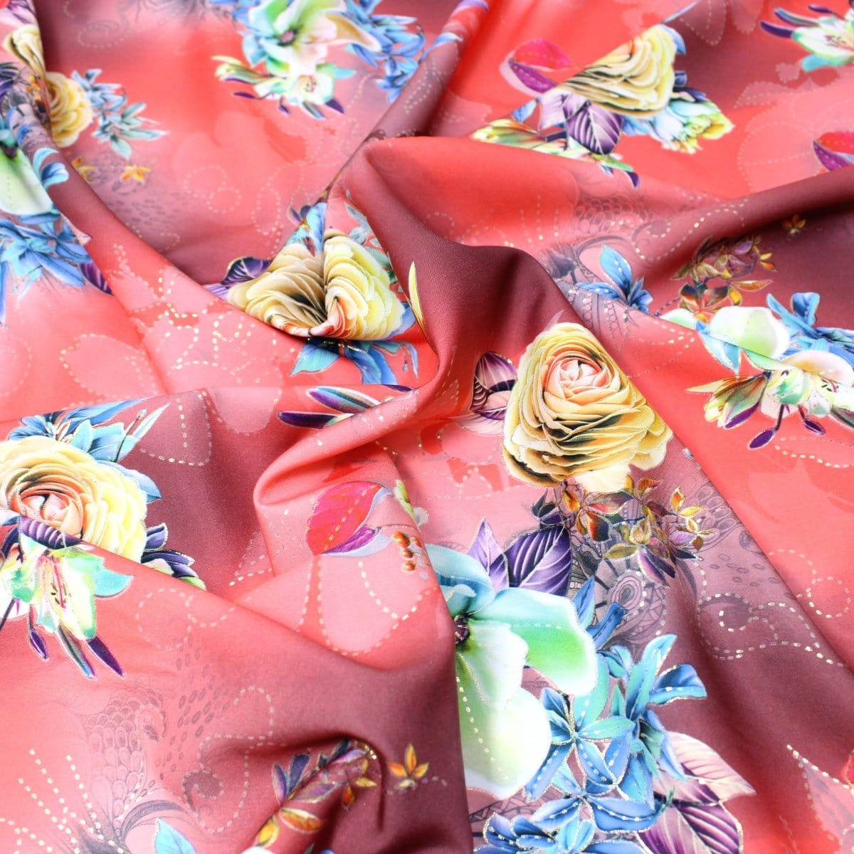Pound A Metre 3 Metre 3 Metre Luxury Gold Foil Floral Sateen ‘Fantasia’ - 55" Wide Coral