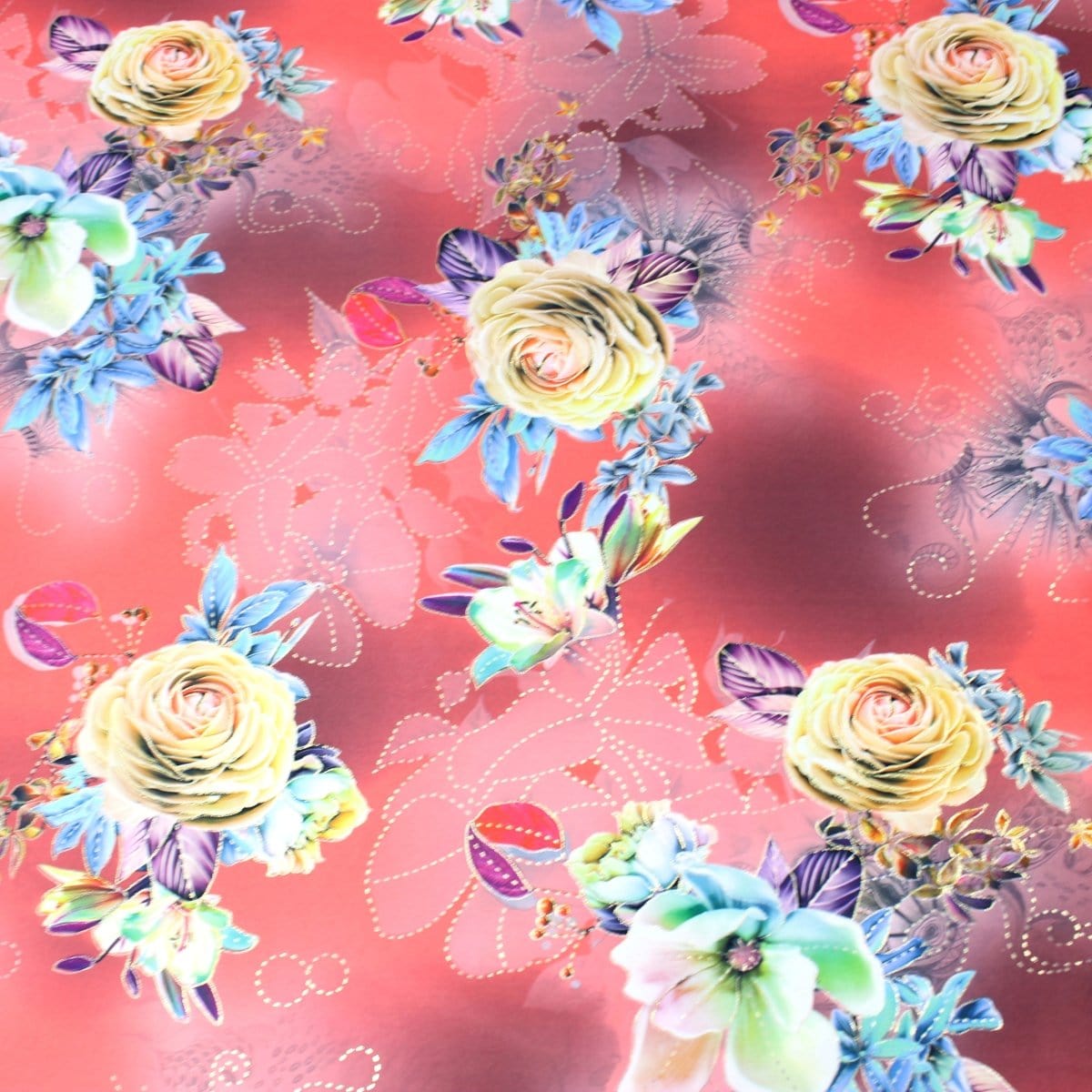 Pound A Metre 3 Metre 3 Metre Luxury Gold Foil Floral Sateen ‘Fantasia’ - 55" Wide Coral