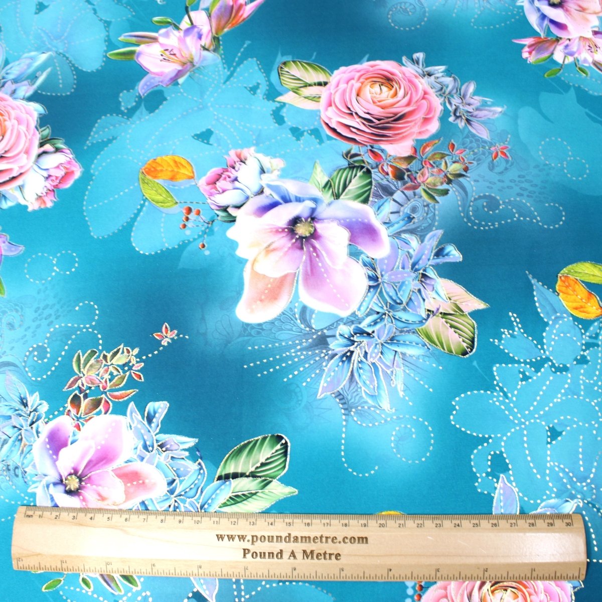 3 Metre Luxury Gold Foil Floral Sateen ‘Fantasia’ - 55" Wide Dark Jade - Pound A Metre