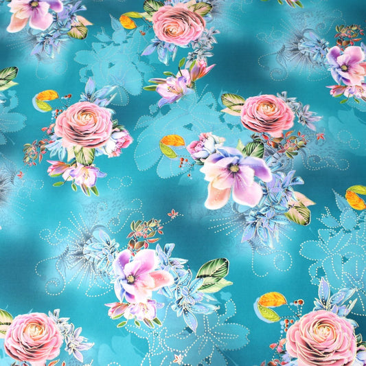 3 Metre Luxury Gold Foil Floral Sateen ‘Fantasia’ - 55" Wide Dark Jade - Pound A Metre