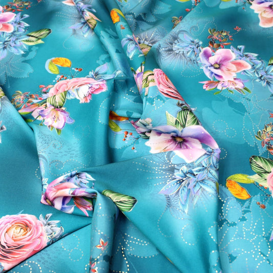3 Metre Luxury Gold Foil Floral Sateen ‘Fantasia’ - 55" Wide Dark Jade - Pound A Metre