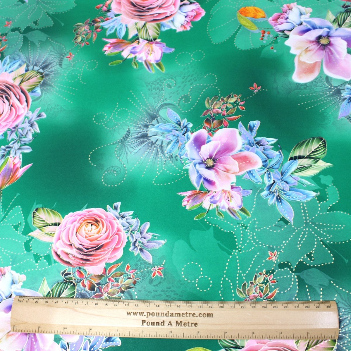 3 Metre Luxury Gold Foil Floral Sateen ‘Fantasia’ - 55" Wide Emerald - Pound A Metre