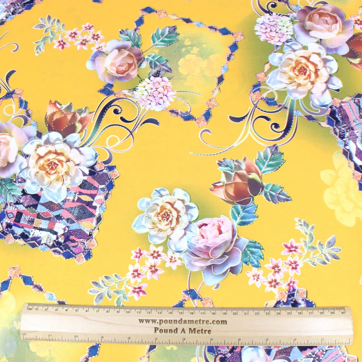 3 Metre Luxury Gold Foil Floral Sateen ‘Floret’ - 55" Wide Amber Yellow - Pound A Metre