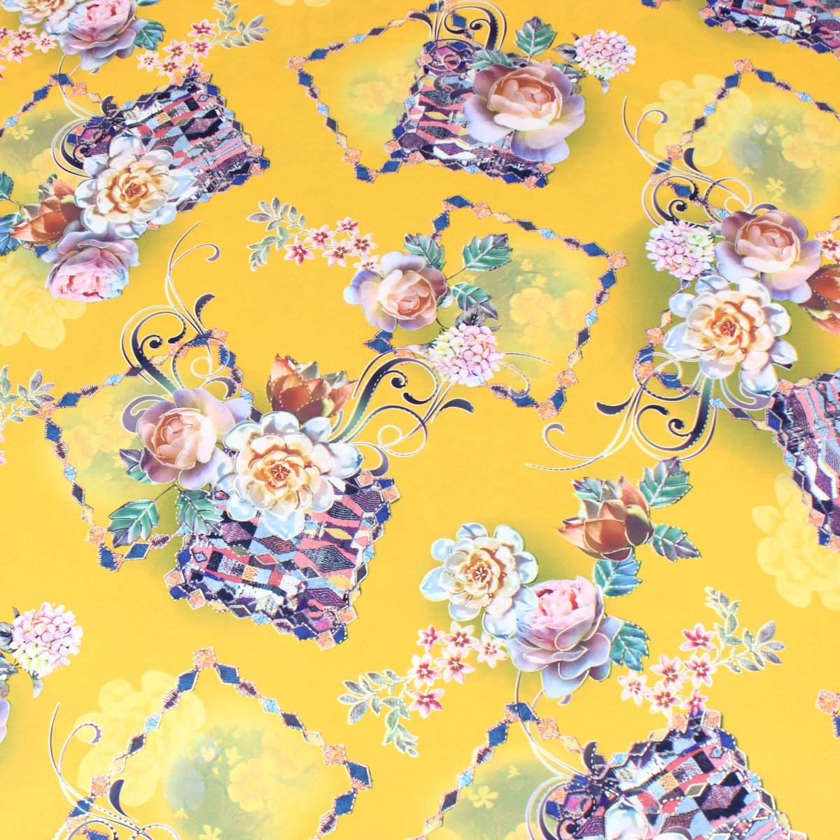 3 Metre Luxury Gold Foil Floral Sateen ‘Floret’ - 55" Wide Amber Yellow - Pound A Metre