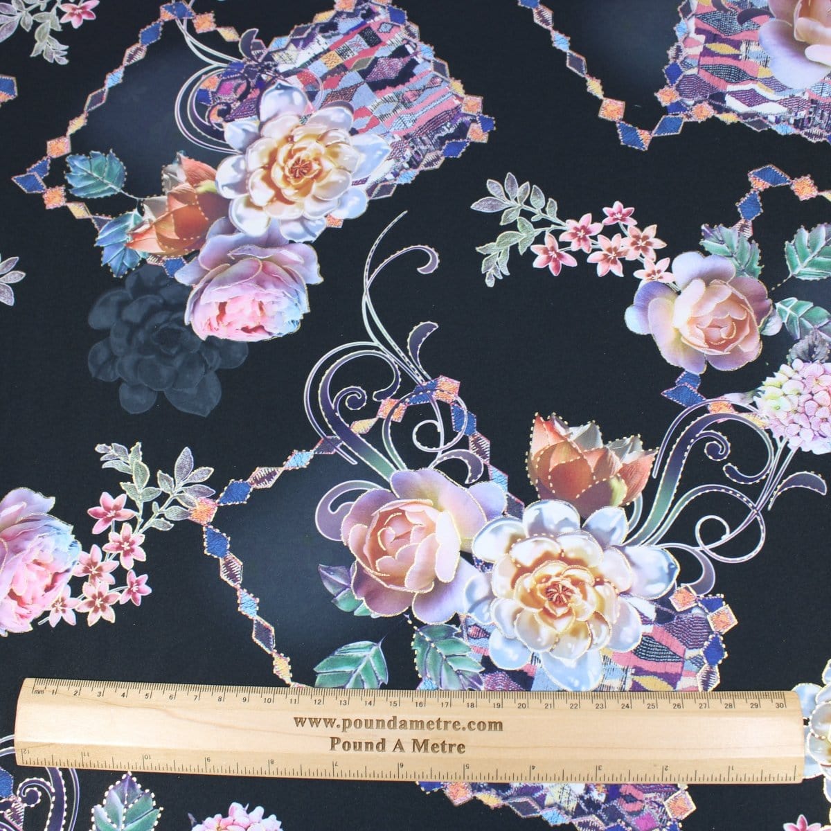 Pound A Metre 3 Metre 3 Metre Luxury Gold Foil Floral Sateen ‘Floret’ - 55" Wide Black