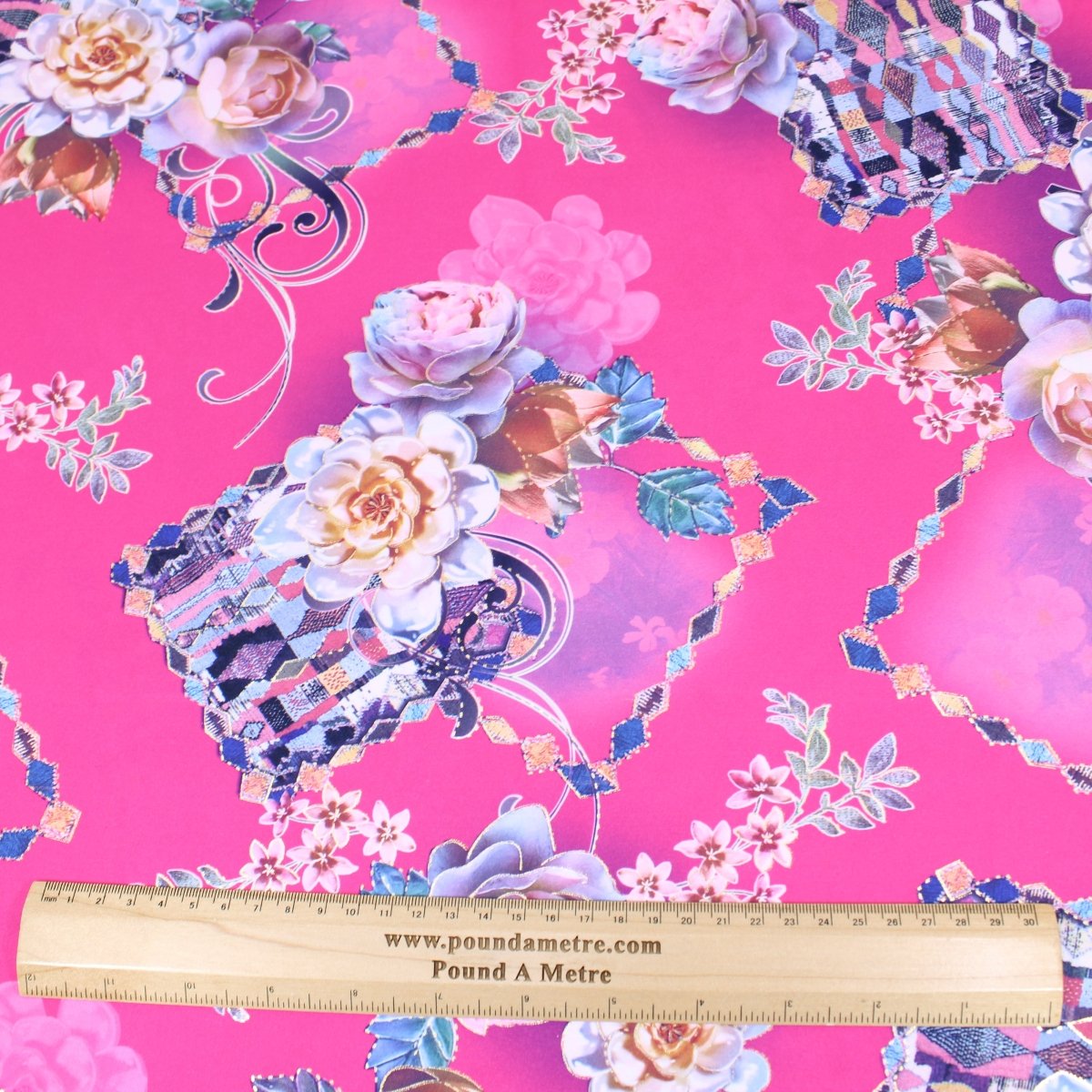 3 Metre Luxury Gold Foil Floral Sateen ‘Floret’ - 55" Wide Hot Pink - Pound A Metre