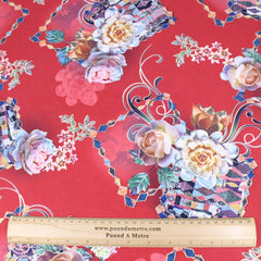 3 Metre Luxury Gold Foil Floral Sateen ‘Floret’ - 55" Wide Red - Pound A Metre