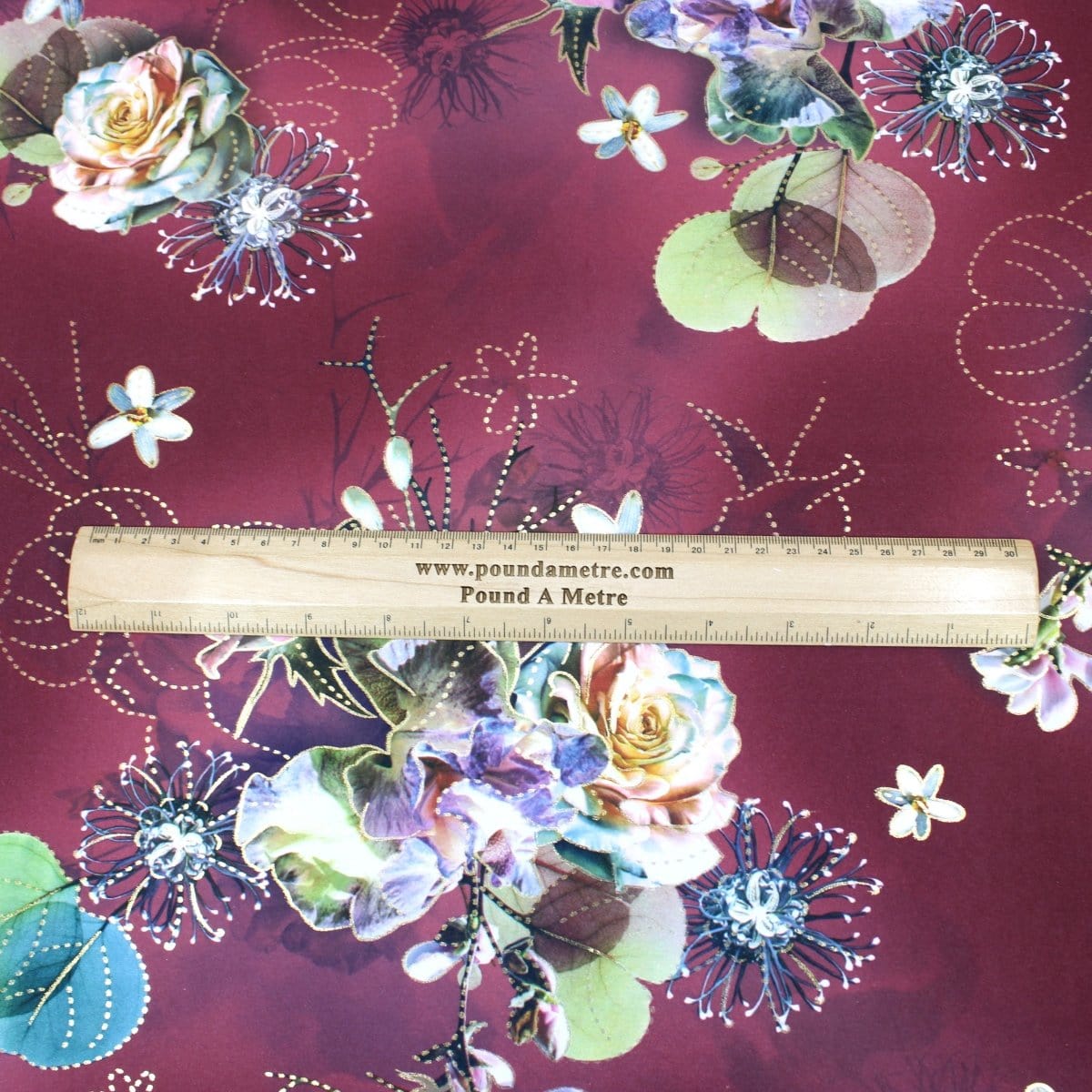 Pound A Metre 3 Metre 3 Metre Luxury Gold Foil Floral Sateen ‘Hypnose' - 55" Wide Dark Maroon