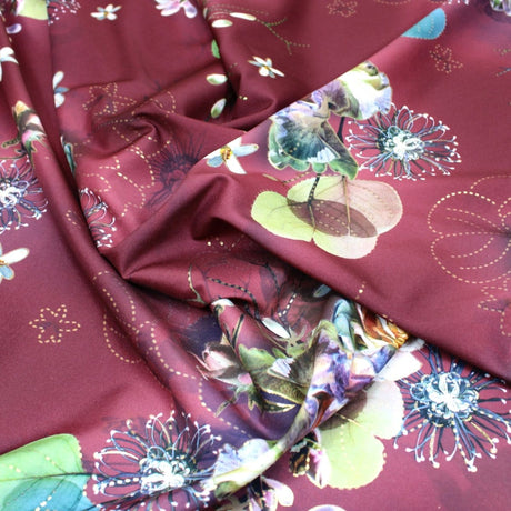 Pound A Metre 3 Metre 3 Metre Luxury Gold Foil Floral Sateen ‘Hypnose' - 55" Wide Dark Maroon