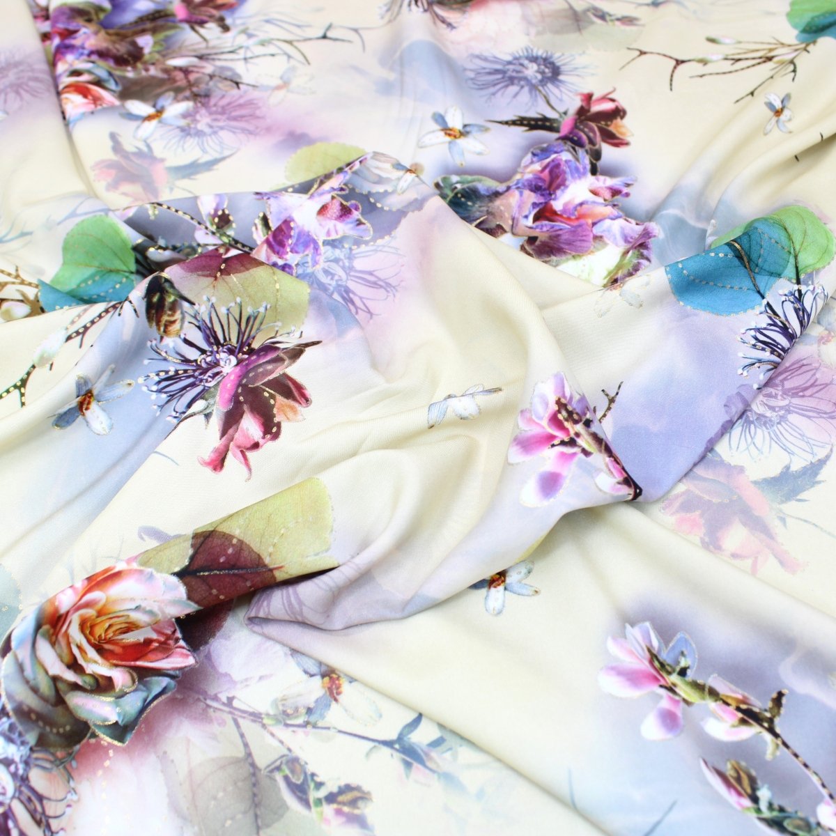 3 Metre Luxury Gold Foil Floral Sateen ‘Hypnose' - 55" Wide Ivory - Pound A Metre