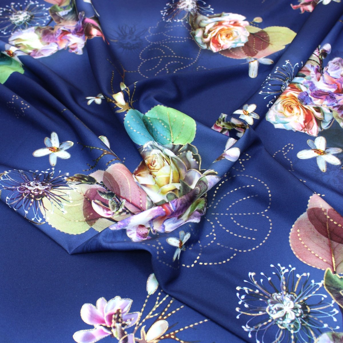 3 Metre Luxury Gold Foil Floral Sateen ‘Hypnose' - 55" Wide Midnight Blue - Pound A Metre
