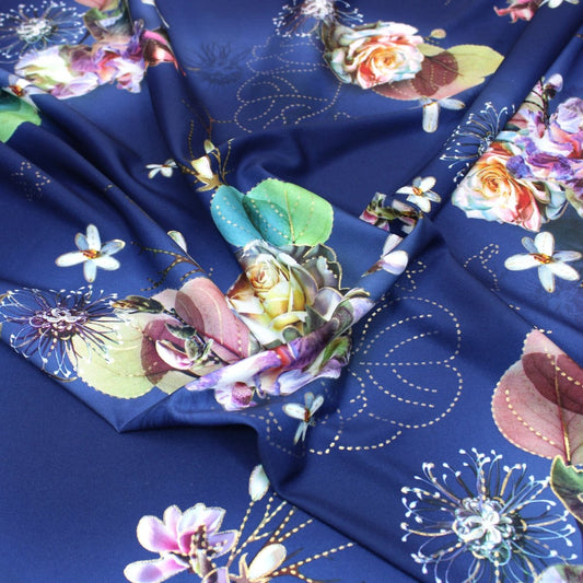 3 Metre Luxury Gold Foil Floral Sateen ‘Hypnose' - 55" Wide Midnight Blue - Pound A Metre
