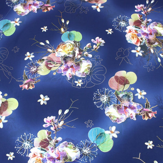 3 Metre Luxury Gold Foil Floral Sateen ‘Hypnose' - 55" Wide Midnight Blue - Pound A Metre