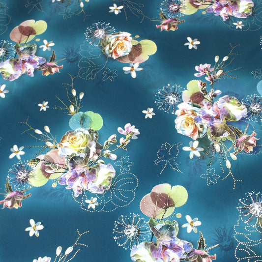 3 Metre Luxury Gold Foil Floral Sateen ‘Hypnose' - 55" Wide Teal - Pound A Metre