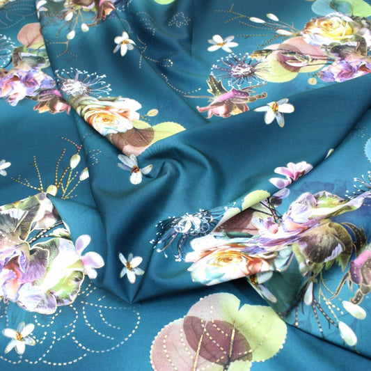 3 Metre Luxury Gold Foil Floral Sateen ‘Hypnose' - 55" Wide Teal - Pound A Metre