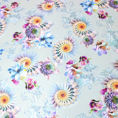 3 Metre Luxury Gold Foil Floral Sateen ‘Illusion’ - 55" Wide Dusky Light Blue - Pound A Metre