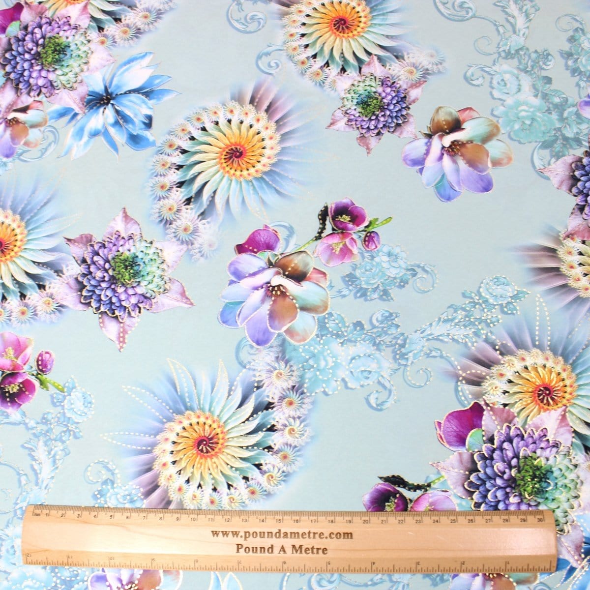 Pound A Metre 3 Metre 3 Metre Luxury Gold Foil Floral Sateen ‘Illusion’ - 55" Wide Dusky Light Blue