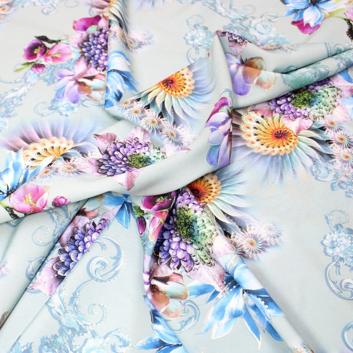 Pound A Metre 3 Metre 3 Metre Luxury Gold Foil Floral Sateen ‘Illusion’ - 55" Wide Dusky Light Blue